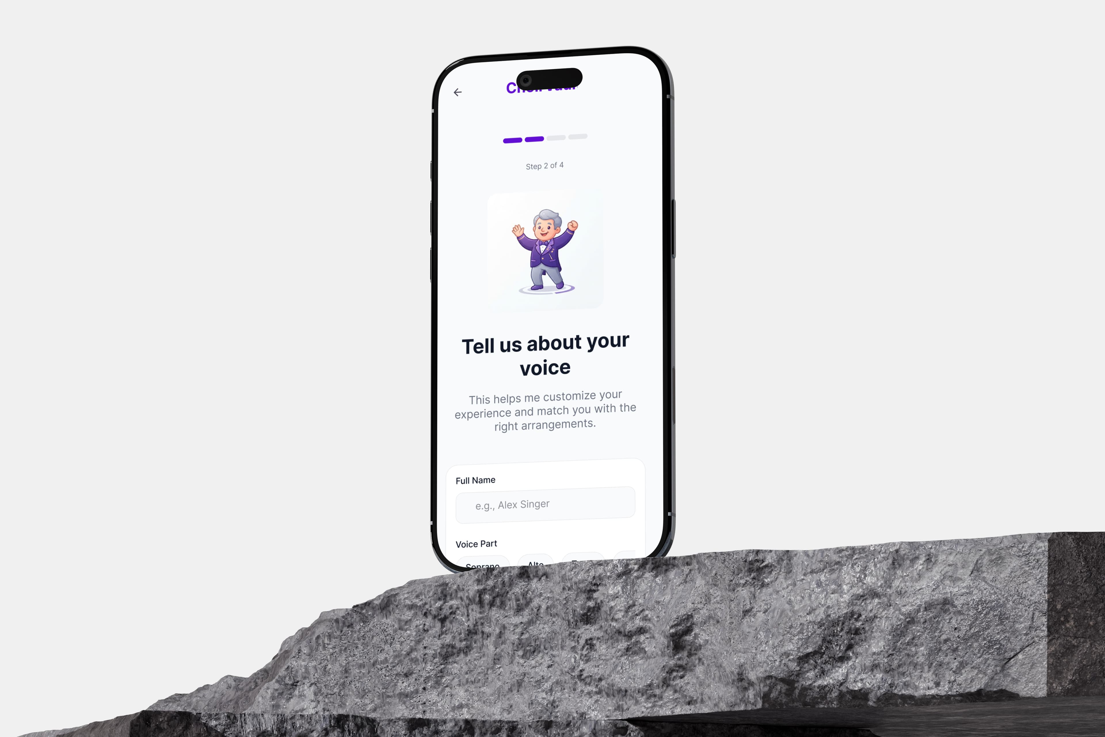 ChoirVault's onboarding flow on an iPhone